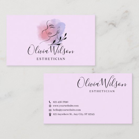 Custom Branded Paarse en Roze Esthetician Visitekaartje (Voorkant / Achterkant)