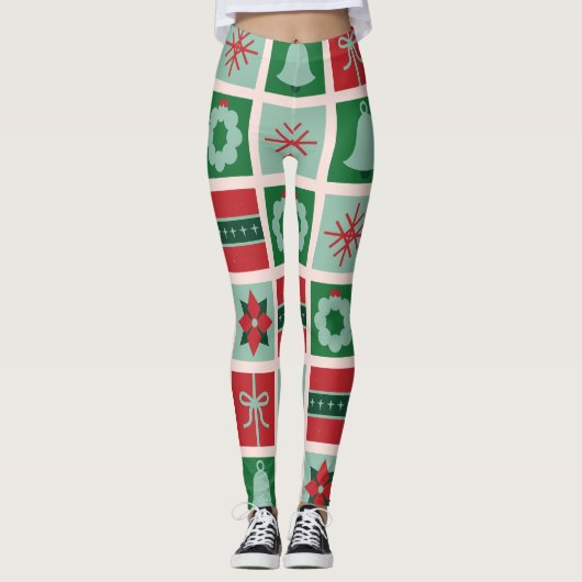 Custom Branded Rood & Groen Geometrisch op Kerstmi Leggings (Voorkant)