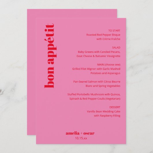 Custom Bright Bold Pink and Red Modern Wedding Menu (Voorkant / Achterkant)