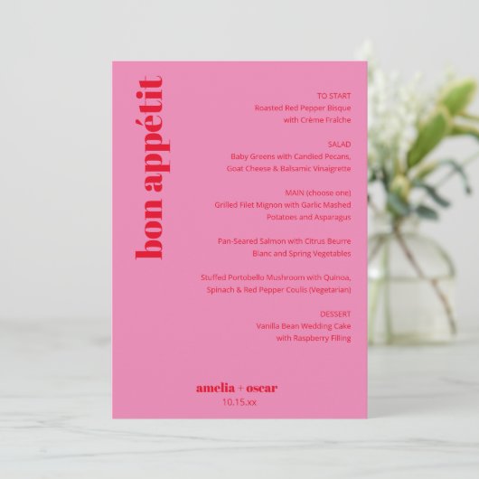 Custom Bright Bold Pink and Red Modern Wedding Menu (Staand voorkant)