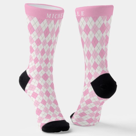 Custom Bright Pastel Roze Wit Argyle Patroon Sokken (Gebogen)