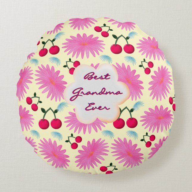 Custom Bright Pink Floral Cherry Pattern  Rond Kussen (Voorkant)