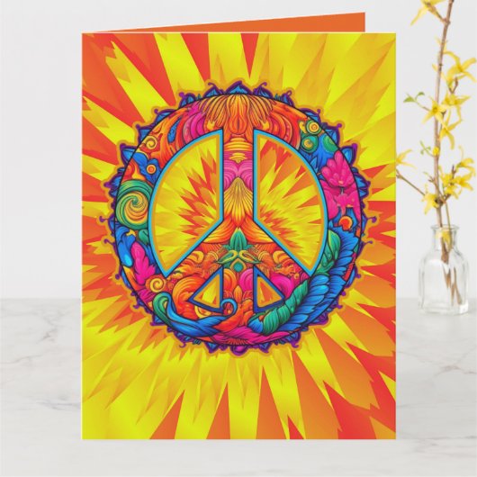 Custom Bright Sinaasappel Yellow Tie Dye Peace Sig Kaart (Gele Bloem)