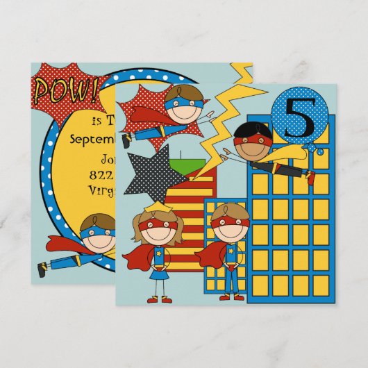 Custom Brown Hair Boy Super Hero Birthday nodigt Kaart (Voorkant / Achterkant)