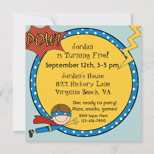 Custom Brown Hair Boy Super Hero Birthday nodigt Kaart (Achterkant)