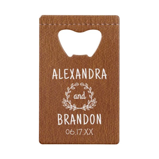 Custom bruin leder print bruiloft fles opener creditkaart flessenopener (Achterkant)