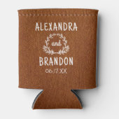 Custom bruin leder print bruiloft gunst blikjeskoeler (Voorkant)