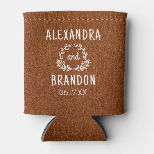 Custom bruin leder print bruiloft gunst blikjeskoeler (Voorkant)