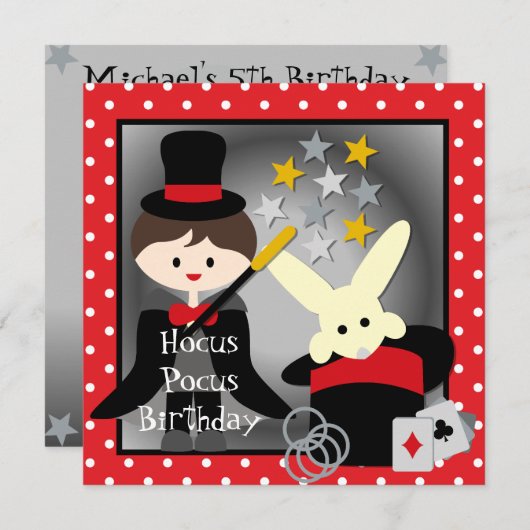 Custom Brunette Boy Hocus Pocus Birthday Invites Kaart (Voorkant / Achterkant)