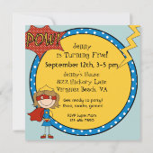Custom Brunette Girl Super Hero Birthday Invites Kaart (Achterkant)