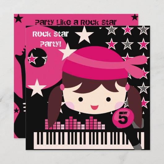 Custom Brunette Rock Star Birthday Invitations Kaart (Voorkant / Achterkant)