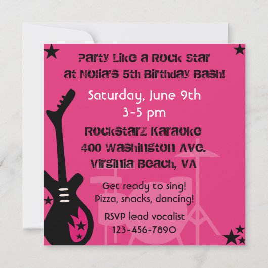 Custom Brunette Rock Star Birthday Invitations Kaart (Achterkant)