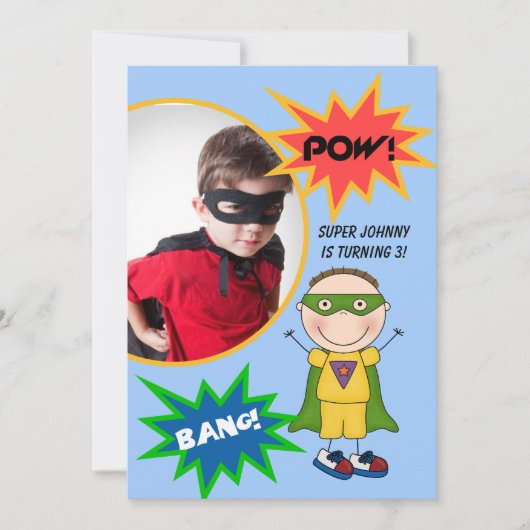 Custom Brunette Super Hero Boy Birthday Invite Kaart (Voorkant)