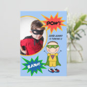 Custom Brunette Super Hero Boy Birthday Invite Kaart (Staand voorkant)