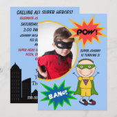Custom Brunette Super Hero Boy Birthday Invite Kaart (Voorkant / Achterkant)
