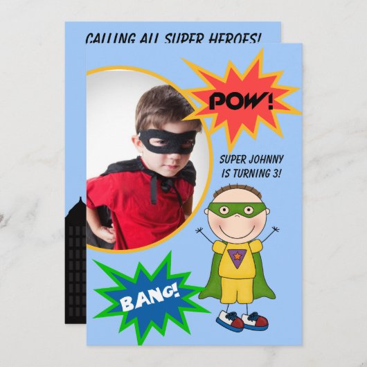 Custom Brunette Super Hero Boy Birthday Invite Kaart (Voorkant / Achterkant)