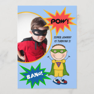 Custom Brunette Super Hero Boy Birthday Invite Kaart