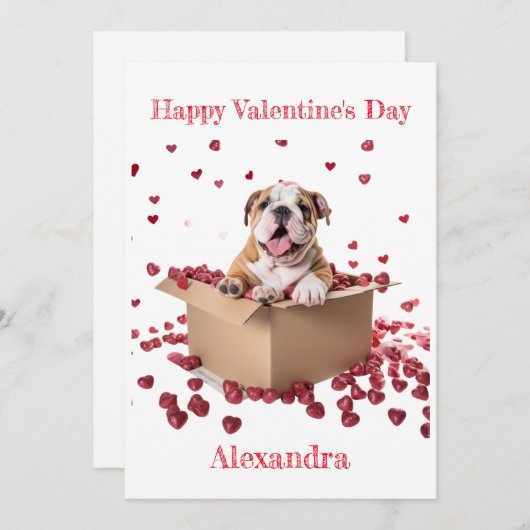 Custom Bulldog in doos met harten Valentijn Feestdagenkaart (Voorkant / Achterkant)