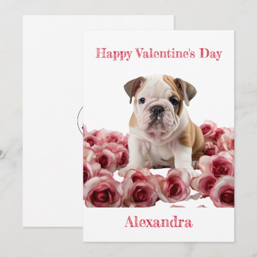Custom Bulldog met roze rozen Valentijn Feestdagenkaart (Voorkant / Achterkant)