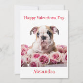 Custom Bulldog Puppy met roze rozen Valentijn Feestdagenkaart (Voorkant)