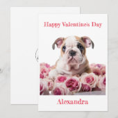 Custom Bulldog Puppy met roze rozen Valentijn Feestdagenkaart (Voorkant / Achterkant)