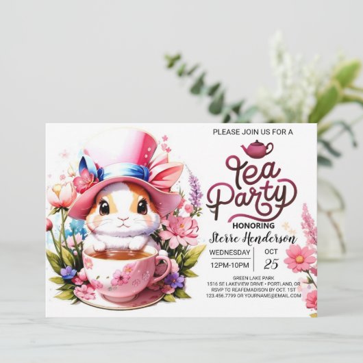 Custom Bunny's Open Huis Tea Party Kaart (Staand voorkant)