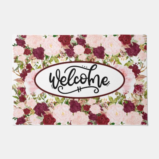 Custom Burgundy Floral Welcome Deurmat (Voorkant)