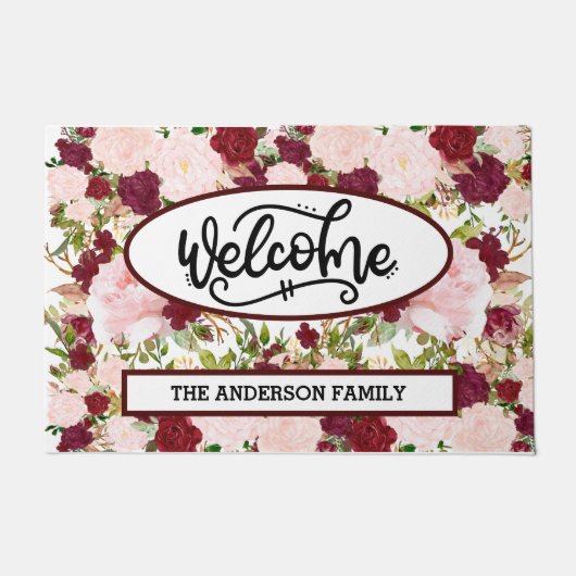 Custom Burgundy Floral Welcome Deurmat (Voorkant)
