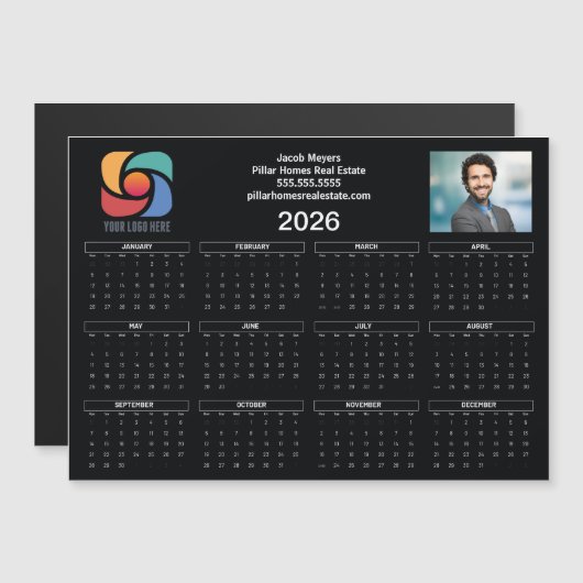 Custom Business Logo 2026 Calendar Black Magnet (Voorkant / Achterkant)