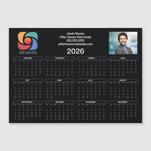 Custom Business Logo 2026 Calendar Black Magnet (Voorkant)