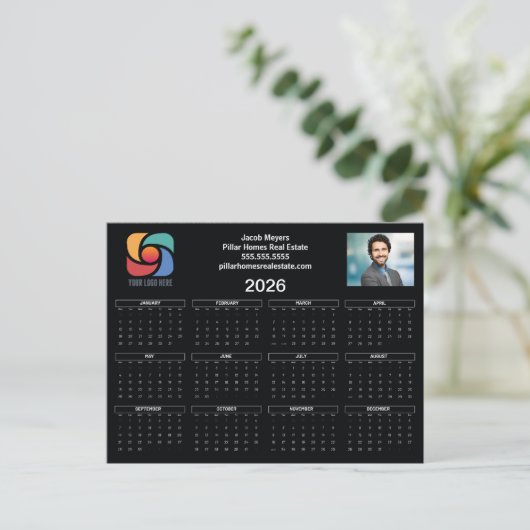 Custom Business Logo 2026 Kalender Zwart Wit Briefkaart (Staand voorkant)