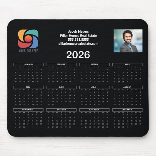 Custom Business Logo 2026 Kalender Zwart Wit Muismat (Voorkant)