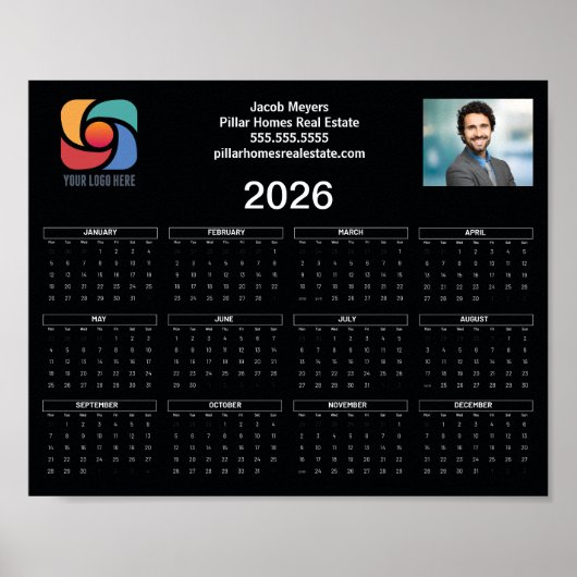 Custom Business Logo 2026 Kalender Zwart Wit Poster (Voorkant)