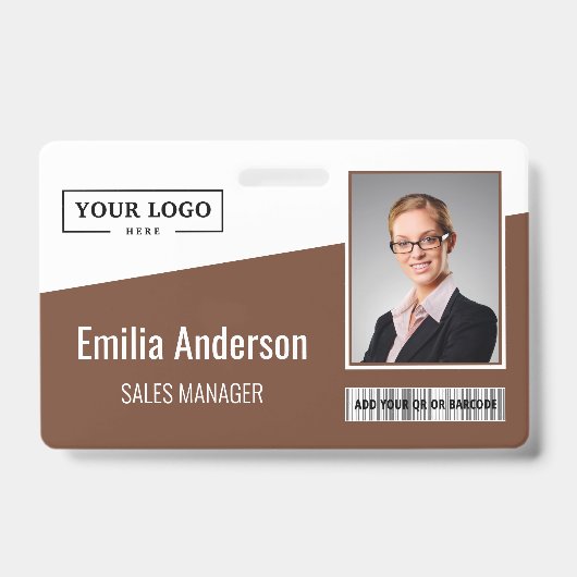 Custom Business Logo Barcode Photo Employee Brown Badge (Front)