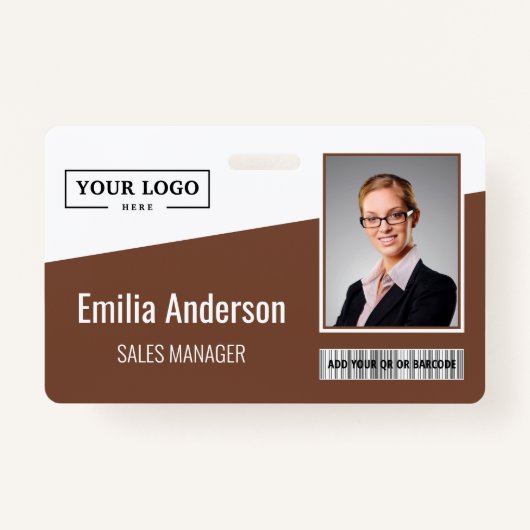 Custom Business Logo Barcode Photo Employee Brown Badge (Voorkant)