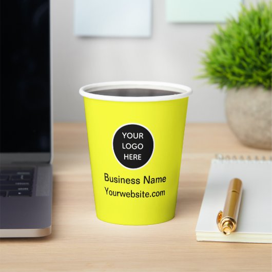 Custom Business Logo Branded Yellow Papieren Bekers (Insitu)