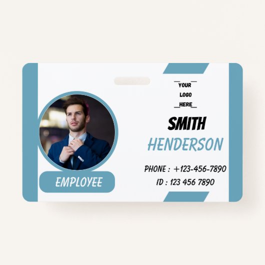 Custom Business Logo Employee Photo Blue ID Badge (Voorkant)