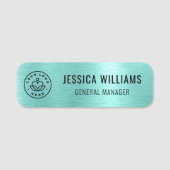 Custom Business Logo Faux Metallic Brushed Blauwgr Naamplaatje (Voorkant)