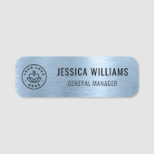 Custom Business Logo Faux Metallic Brushed Blue Naamplaatje (Voorkant)