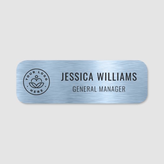 Custom Business Logo Faux Metallic Brushed Blue Naamplaatje (Voorkant)