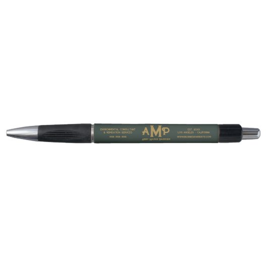 Custom Business Logo Green Gold Monogram Tagline Pen (Voorkant)