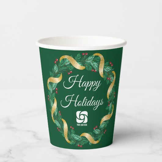 Custom Business Logo Green krans feestdag Papieren Bekers (Achterkant)