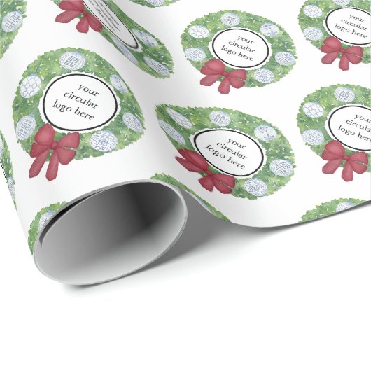 Custom Business Logo Kerstkrans Blauw Wit Cadeaupapier (Rol Hoek)