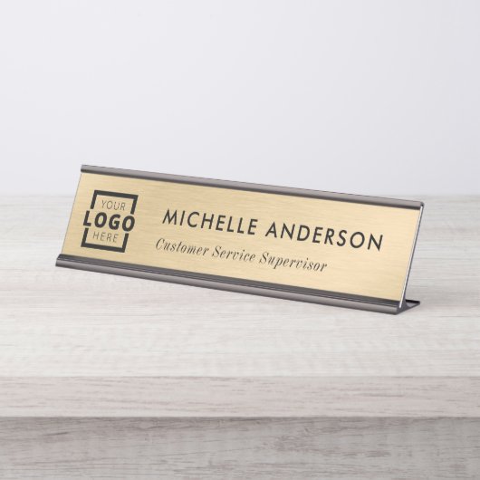 Custom Business Logo Modern Minimal Brushed Gold Bureau Naambordje (Voorkant)