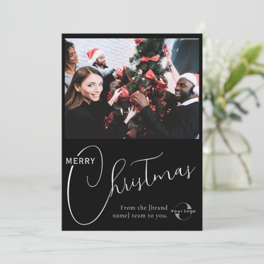 Custom Business logo, teamfoto & groet Zwart Feestdagenkaart (Staand voorkant)