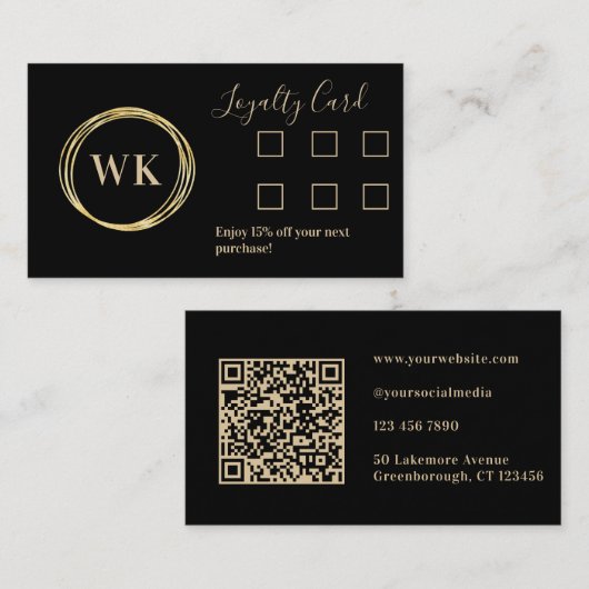 Custom Business Monogram Zwart Goud Loyaliteit Visitekaartje (Voorkant / Achterkant)