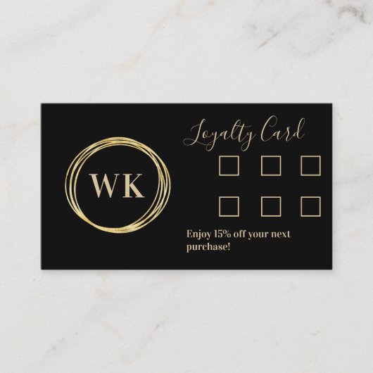 Custom Business Monogram Zwart Goud Loyaliteit Visitekaartje (Voorkant)