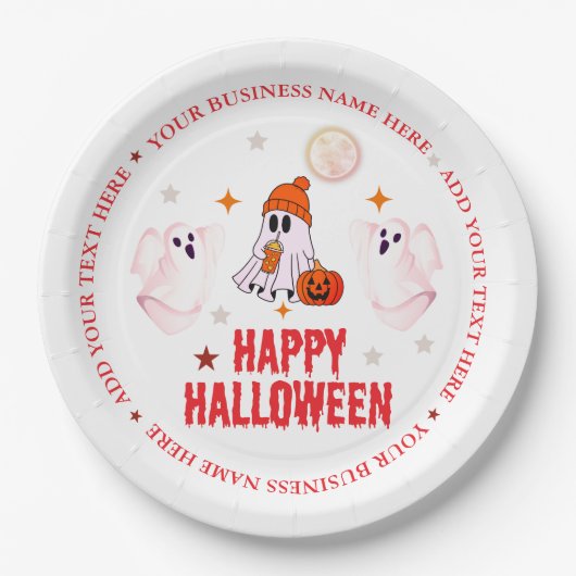 Custom Business Name, Text & Ghost Halloween Papieren Bordje (Voorkant)
