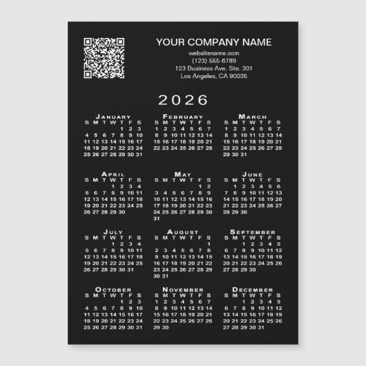 Custom Business QR Code 2026 Calendar Black Magnet (Voorkant)