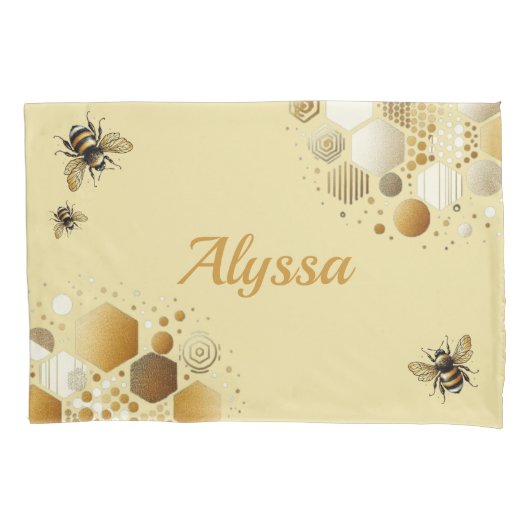 Custom Busy Bee op Honingraat: Zeshoeken en Cirkel Kussensloop (Voorkant-Links)